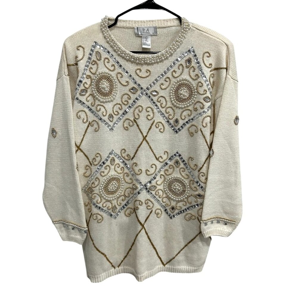 Vintage Cream Sweater Gold Beads Pearl Accents By P.A. International Sz Large